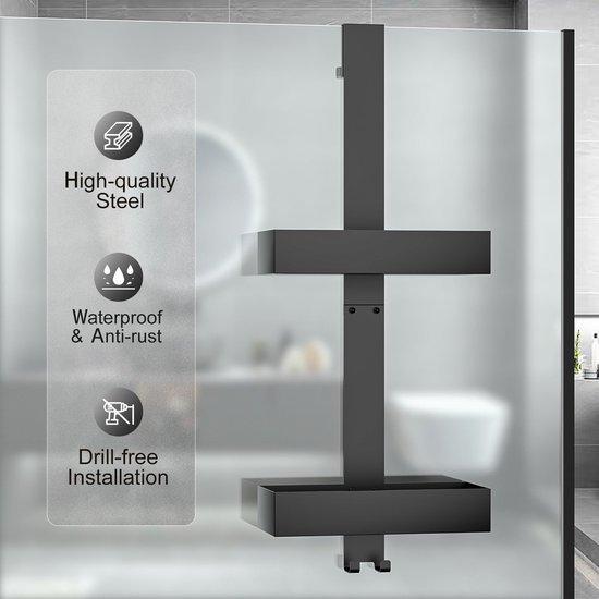 Unyqoos ® Handige Ophangbare Doucheplank voor Frameloze Deuren, Badkamer Organizer, Zwart, Zonder Boren Nodig