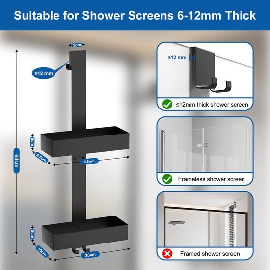 Unyqoos ® Handige Ophangbare Doucheplank voor Frameloze Deuren, Badkamer Organizer, Zwart, Zonder Boren Nodig