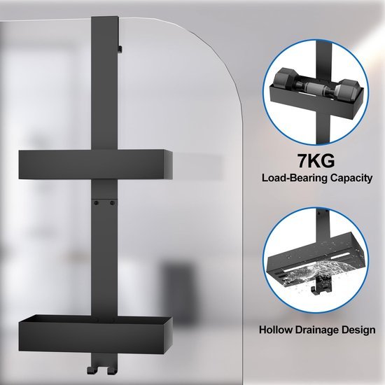 Unyqoos ® Handige Ophangbare Doucheplank voor Frameloze Deuren, Badkamer Organizer, Zwart, Zonder Boren Nodig