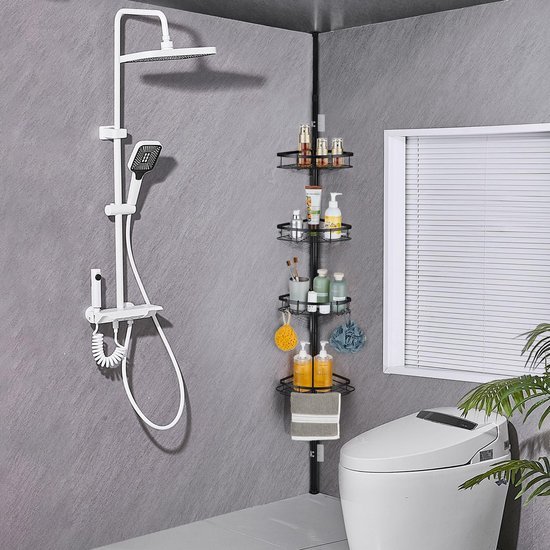 Unyqoos ® Verstelbare Hoek Douche Organizer met Uitschuifbare Stang en Vier Opbergmanden