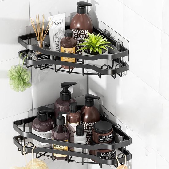 Unyqoos® Zelfklevende hoekdoucheplank, organizer-rek met 4 haken voor badkamer zonder boren, 2 stuks, zwart