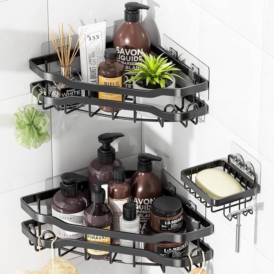 Unyqoos® Zelfklevende hoekdoucheplank, organizer-rek met 4 haken voor badkamer zonder boren, 2 stuks, zwart
