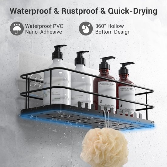 Unyqoos® Zwarte roestvrijstalen douche-organizer met 22 haken en zonder boren installatie