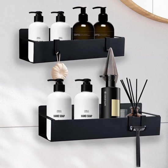 Unyqoos® Zwarte roestvrije doucheplanken set met haken en zonder boren installatie