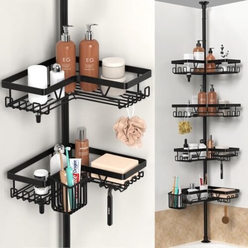 550x550-24432.jpg Unyqoos® Verstelbaar zwart doucherek met telescopische stang en manden voor badkamer