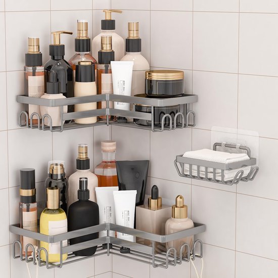 Unyqoos® Set van drie grijze doucheplanken zonder boren met haken voor badkamer en keuken