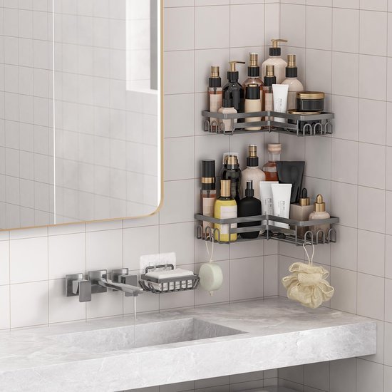 Unyqoos® Set van drie grijze doucheplanken zonder boren met haken voor badkamer en keuken