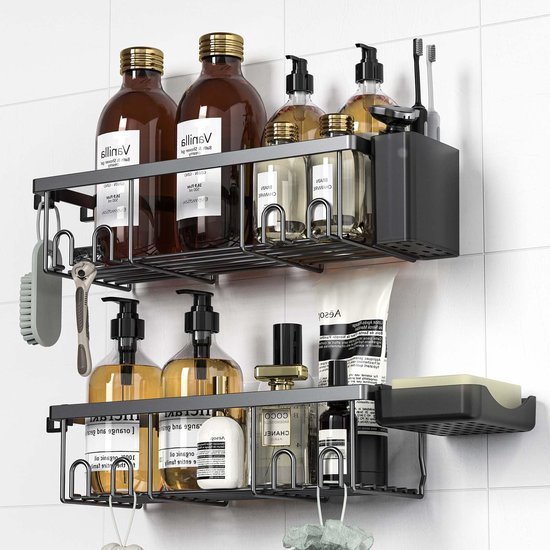Unyqoos® Zwarte badkamer organizer set zonder boren met vier opbergrekken