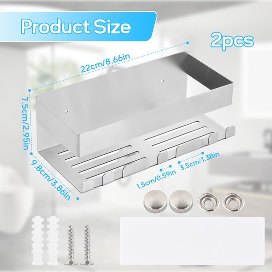 Unyqoos® Set van twee roestvrijstalen doucheplanken zonder boren voor badkamer en keuken