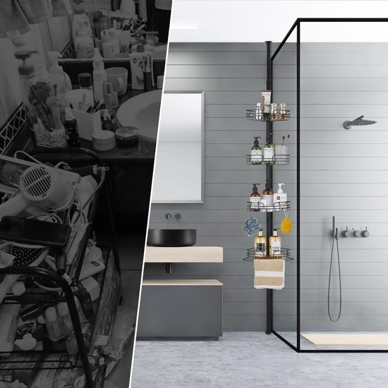Unyqoos® Telescopisch en verstelbaar hoekdoucherek met vier manden en antislip ontwerp in zwart voor badkamer