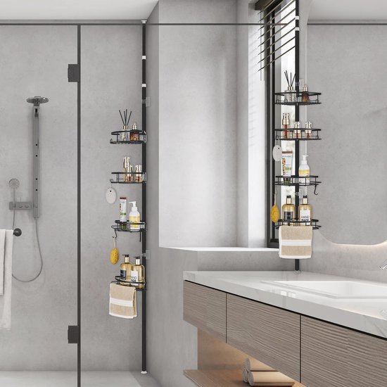 Unyqoos® Ruimtebesparend Telescopisch Douchehoekrek met Vier Manden en Antislip Functie voor Badkamer