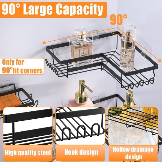 550x550-24901.jpg Unyqoos® Zelfklevende hoekdoucheplanken met haken en zeepbakje, zwart, set van drie