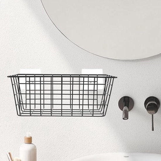 Unyqoos® Zwarte metalen opbergmand zonder boren voor badkamer en keuken, zelfklevend en ruimtebesparend ontwerp