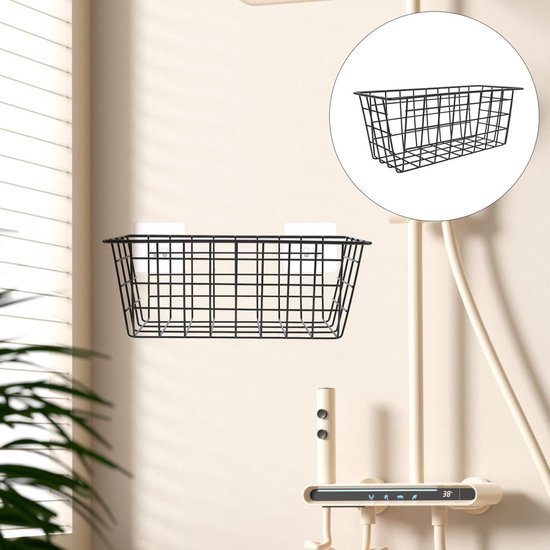 Unyqoos® Zwarte metalen opbergmand zonder boren voor badkamer en keuken, zelfklevend en ruimtebesparend ontwerp