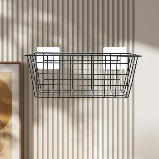 Unyqoos® Zwarte metalen opbergmand zonder boren voor badkamer en keuken, zelfklevend en ruimtebesparend ontwerp