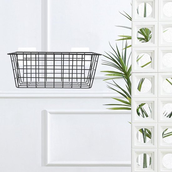 Unyqoos® Zwarte metalen opbergmand zonder boren voor badkamer en keuken, zelfklevend en ruimtebesparend ontwerp