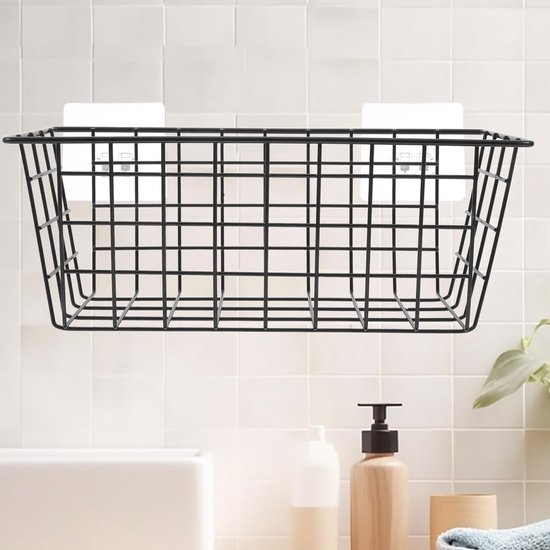 Unyqoos® Zwarte metalen opbergmand zonder boren voor badkamer en keuken, zelfklevend en ruimtebesparend ontwerp