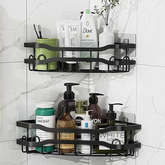 Unyqoos® Draadloos Zelfklevend Hoekdoucherek met 8 Haken voor Badkamer en Keuken, Set van 2