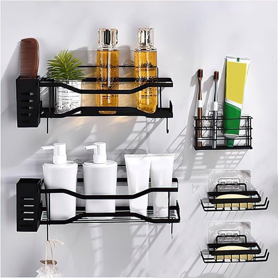 550x550-25095.jpg Unyqoos® Praktische 5-delige Doucherek Organizer zonder Boren met RVS Hoekrek en 4 Haken