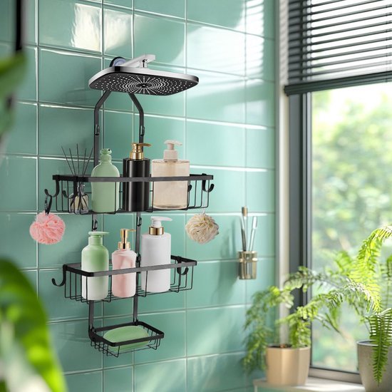 Unyqoos® 3-laags Hangende Doucheplank zonder Boren met Zeepbakje en 6 Haken voor Badkameropslag