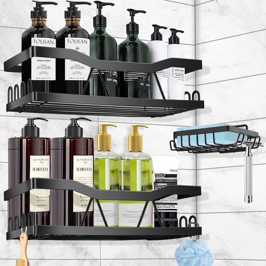 550x550-25108.jpg Unyqoos® Zwarte roestvrije doucheplank zonder boren met haken voor badkamer en keuken