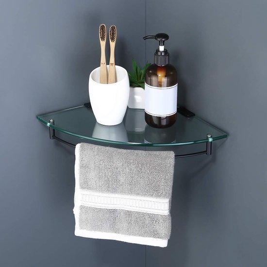 Unyqoos® Mat zwarte glazen doucheplank met roestvrijstalen dragers voor badkamer