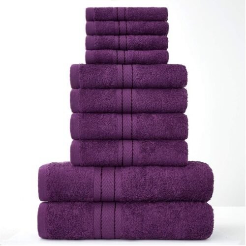 Unyqoos ® Set van Luxe 10-Delige Familiehanddoeken in Diep Paars, Gemaakt van Hoogwaardig Egyptisch Katoen