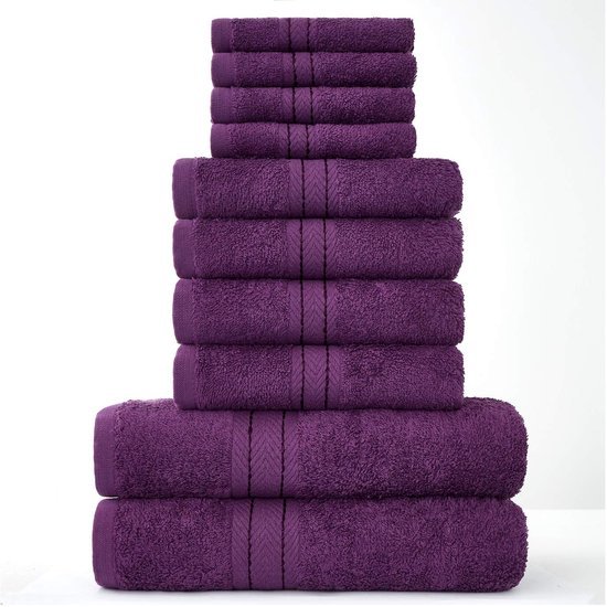 Unyqoos ® Set van Luxe 10-Delige Familiehanddoeken in Diep Paars, Gemaakt van Hoogwaardig Egyptisch Katoen
