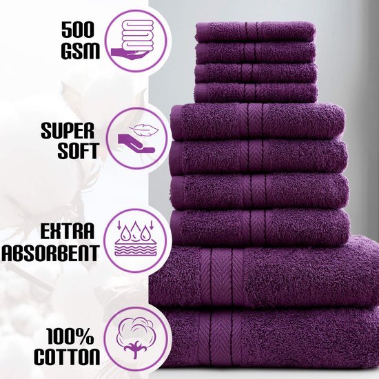 Unyqoos ® Set van Luxe 10-Delige Familiehanddoeken in Diep Paars, Gemaakt van Hoogwaardig Egyptisch Katoen