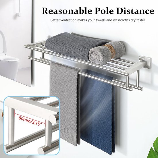 Unyqoos ® Stijlvolle Wandgemonteerde Dubbele Handdoekhouder van Roestvrij Staal voor Badkamer en Keuken, 61 cm