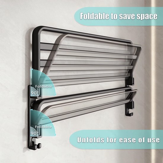 Unyqoos ® Handdoekenrek met Zelfklevende en Booropties, Zwart, 90° Inklapbare Wandmontage met 4 Haken, 60 cm Lengte