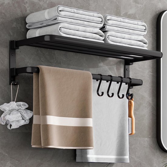 Unyqoos ® Handdoekenrek met Zelfklevende en Booropties, Zwart, 90° Inklapbare Wandmontage met 4 Haken, 60 cm Lengte