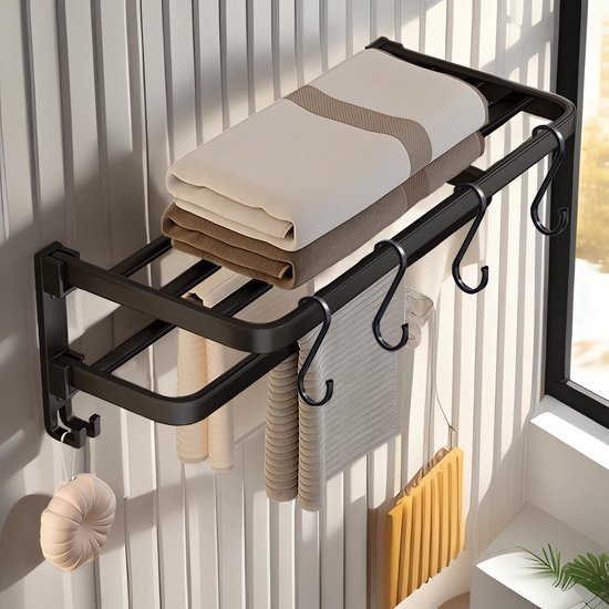 Unyqoos ® Handdoekenrek met Zelfklevende en Booropties, Zwart, 90° Inklapbare Wandmontage met 4 Haken, 60 cm Lengte