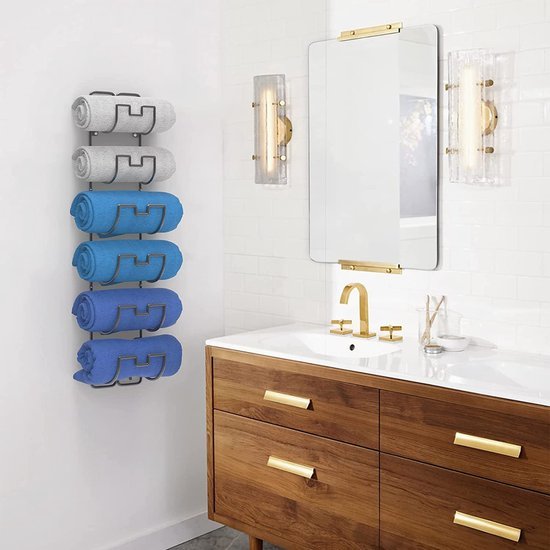 Unyqoos ® Ruimtebesparende Handdoekhouder voor Wandmontage met 6 Praktische Opbergniveaus in Modern Zwart Design