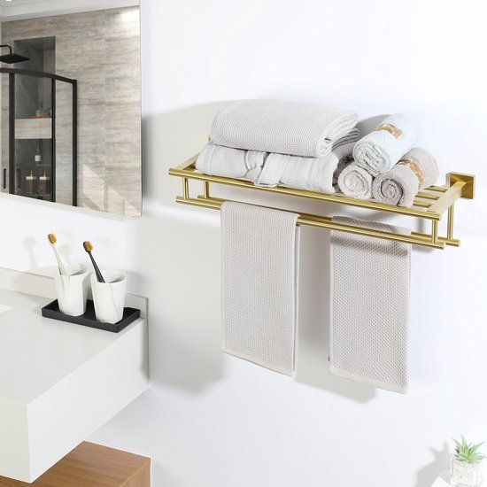 Unyqoos ® Dubbele Wandgemonteerde Handdoekhouder van Roestvrij Staal met Gouden Afwerking voor Badkamer en Keuken