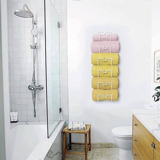 Unyqoos ® Stijlvolle Wandgemonteerde Handdoekhouder met 6 Compartimenten voor Badkamer en Huishoudelijk Gebruik