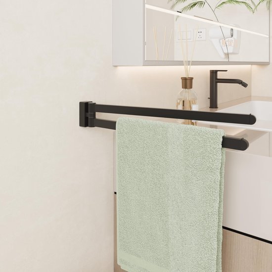 Unyqoos ® Elegant Zwart Wandgemonteerde Handdoekhouder met Dubbele Zwenkstangen van Roestvrij Staal