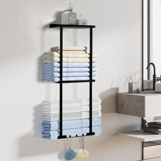 Unyqoos® Ruimtebesparende 3-laagse handdoekhouder voor badkamer met wandmontage zonder boren en extra haken