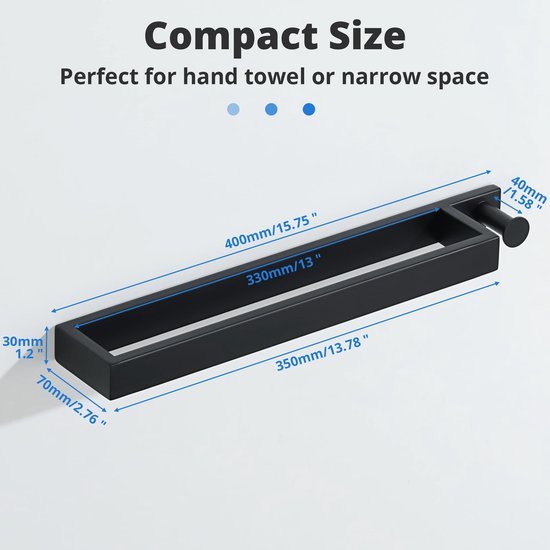 Unyqoos® Zwarte roestvrijstalen handdoekhouder met haken voor badkamer en keuken, 40 cm lang