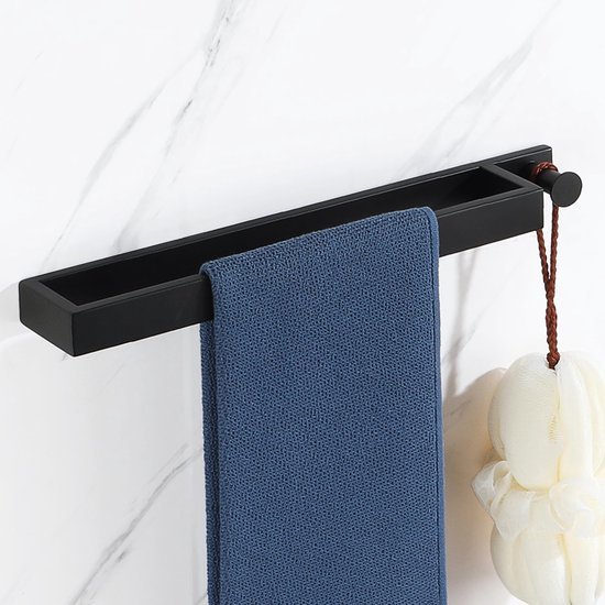 Unyqoos® Zwarte roestvrijstalen handdoekhouder met haken voor badkamer en keuken, 40 cm lang