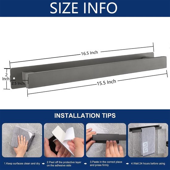 Unyqoos® Badehanddoekhouder Zelfklevend of Schroefmontage Roestvrij Staal Waterdicht en Ruimtebesparend 40 cm Grijs