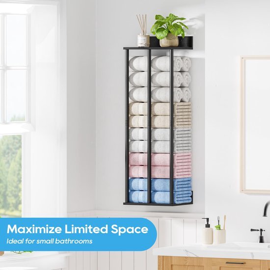 550x550-26473.jpg Unyqoos® Ruime zwarte wandhanddoekhouder met houten plank voor badkameropslag