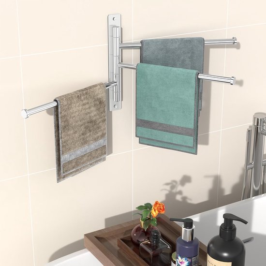 Unyqoos® Roestvrijstalen draaibare handdoekhouder met 3 armen voor badkamer en keukenwandmontage