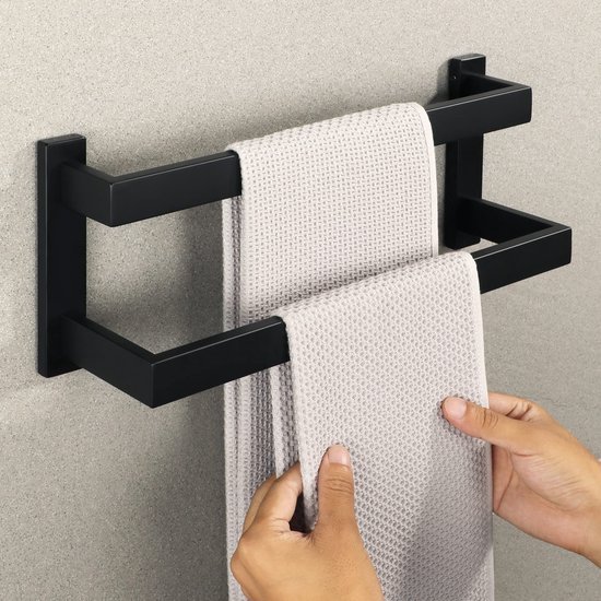 Unyqoos® Stijlvolle Zwarte Matzwarte Handdoekhouder van Roestvrij Staal voor Badkamer en Keuken met Dubbele Stangen, 40 cm