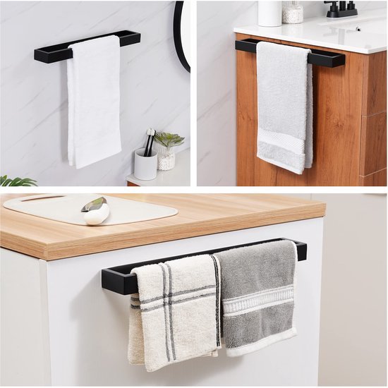 Unyqoos® Zelfklevende handdoekhouder van roestvrij staal voor badkamer en keuken zonder boren, zwart, 40 cm