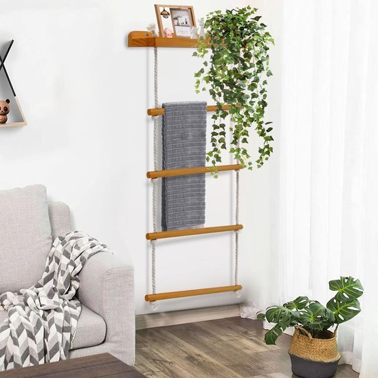 Unyqoos® Multifunctioneel wand- en vrijstaand handdoekenrek met 5 lagen van hout