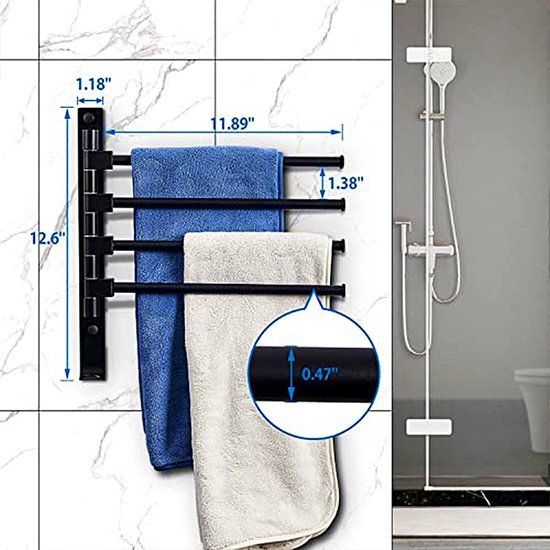 Unyqoos® Zwenkbare Handdoekhouder Zonder Boren - 4 Armen, RVS, Zelfklevend, Mat Zwart, Ruimtebesparend voor Badkamer en Keuken