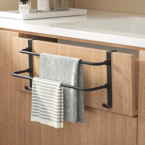 Unyqoos® Zwarte roestvrijstalen handdoekhouder met dubbele stangen en haken voor badkamer