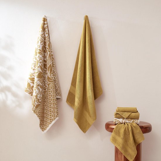 Unyqoos® Luxe 6-delige handdoekenset met omkeerbaar jacquard ontwerp in goud