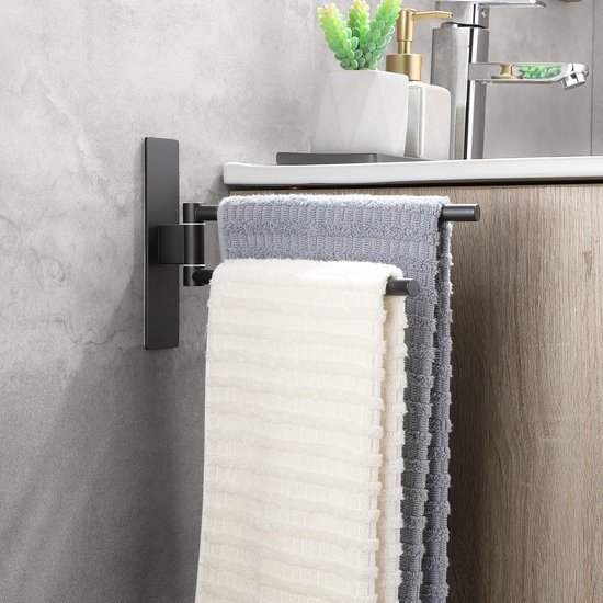 Unyqoos® Zelfklevende handdoekhouder zwart met draaibare dubbele stang voor badkamer